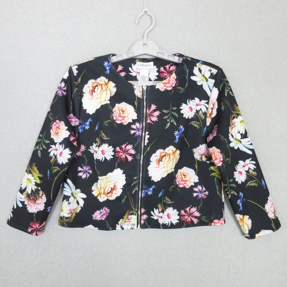 Carmen Marc Valvo Jacket Womens S Floral Zip Front Long‎ Sleeve Stretch Black